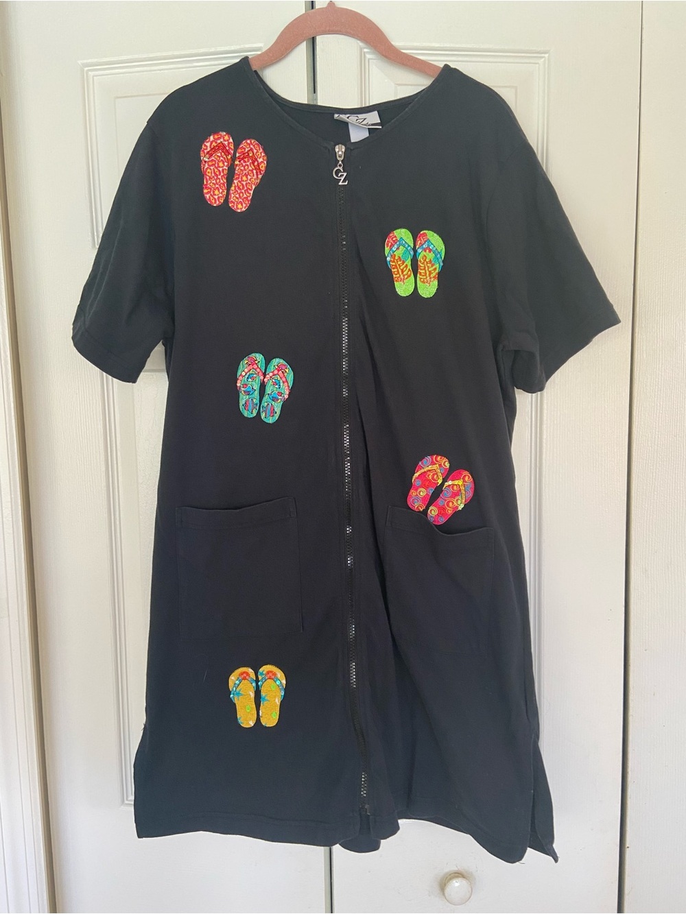 Girls Black One-Piece Romper with Colorful Flip-Flop Appliqués
